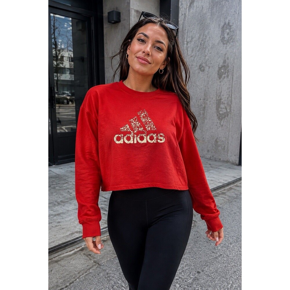 Adidas Cropped Top Womens XL Red BOS Metal Crew Sweatshirt Oversized Logo FT1355